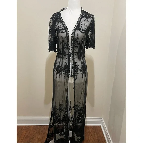 NWT Bloomingdale's AQUA Black Floral Short Sleeve Sheer Kimono, M - Picture 4 of 16